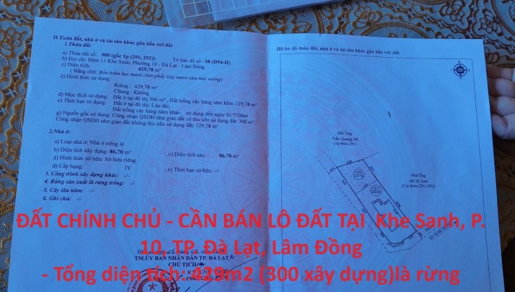 ĐẤT CHÍNH CHỦ - CẦN BÁN LÔ ĐẤT TẠI  Khe Sanh, P. 10, TP. Đà Lạt, Lâm Đồng